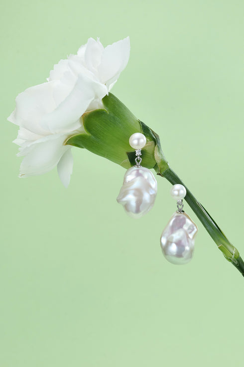 Dual CZ Bold Baroque Pearl Earrings